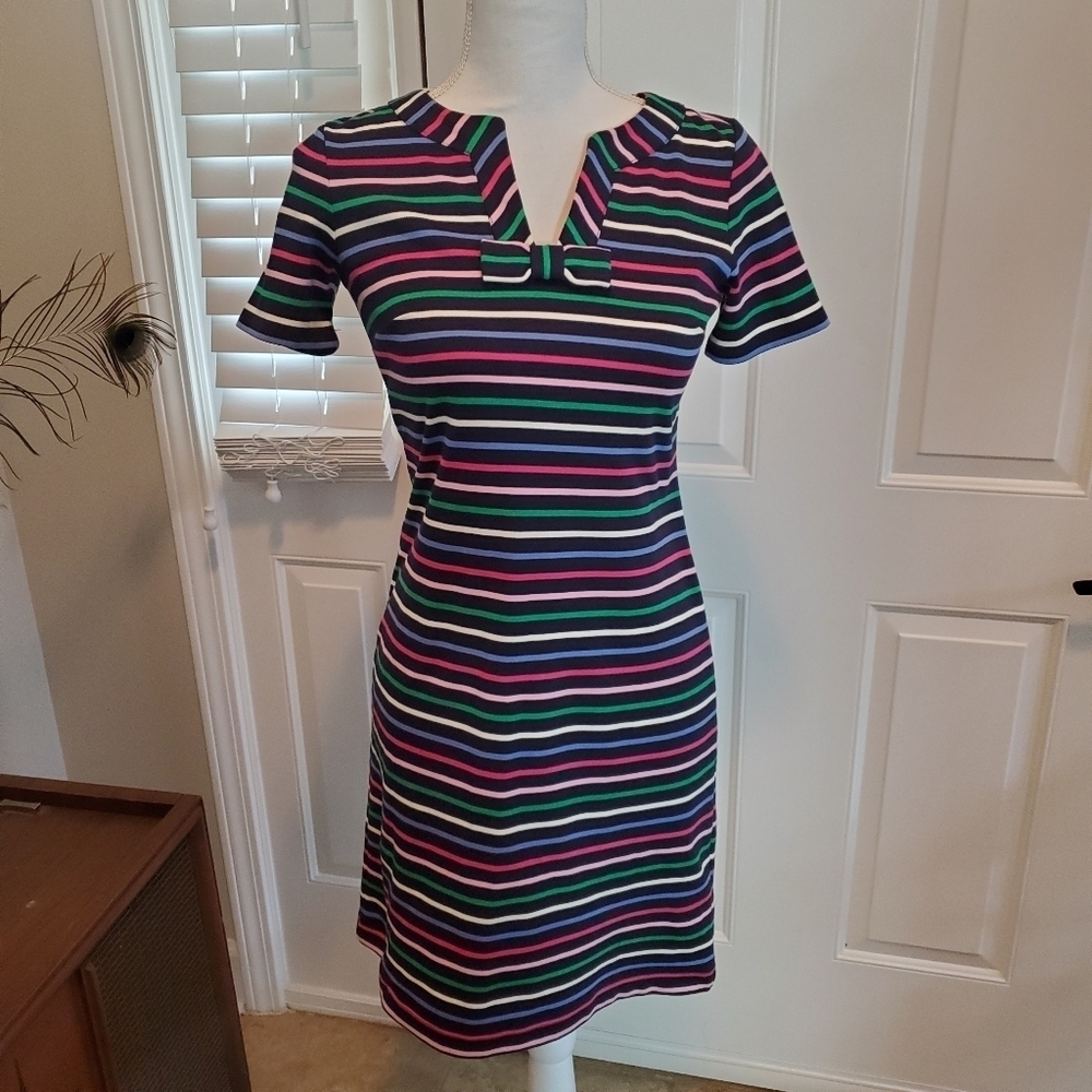 Talbots dress Womens P XS Stripes Colorful Blue Bow‎ Neck Stretchy Shift